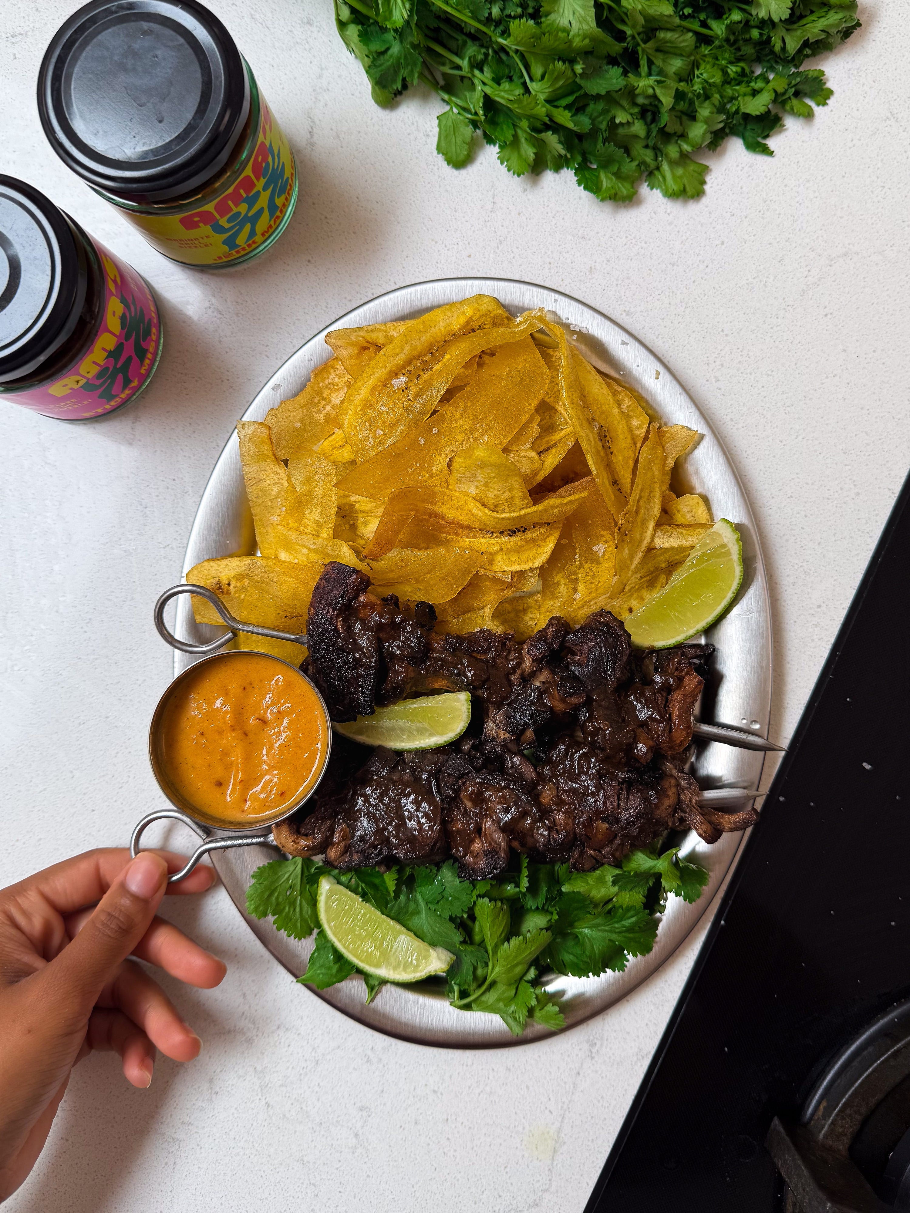 Charred Jerk Oyster Mushroom Skewers with Crispy Green Plantain Chips
