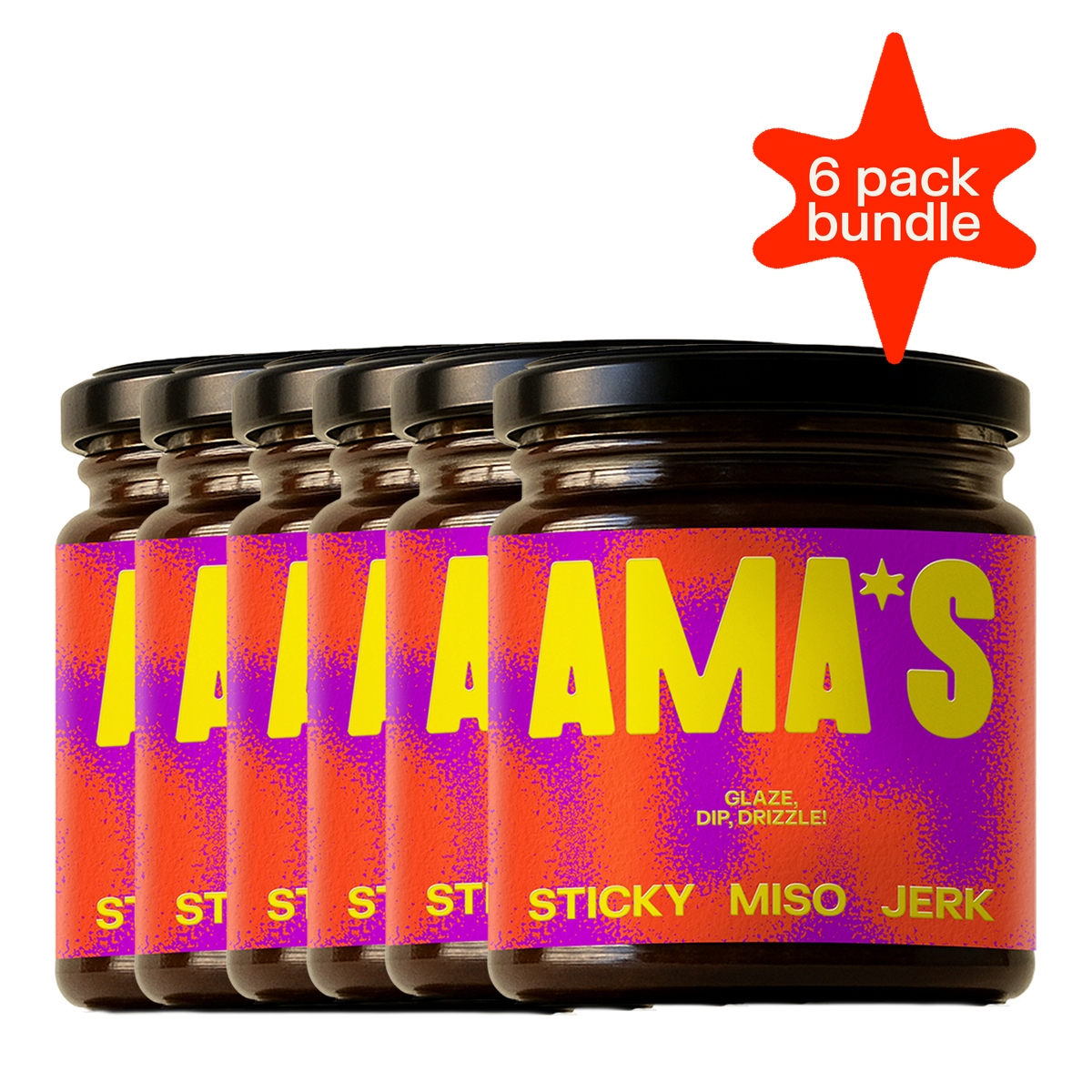 Six jars of AMA'S Sticky Miso Jerk